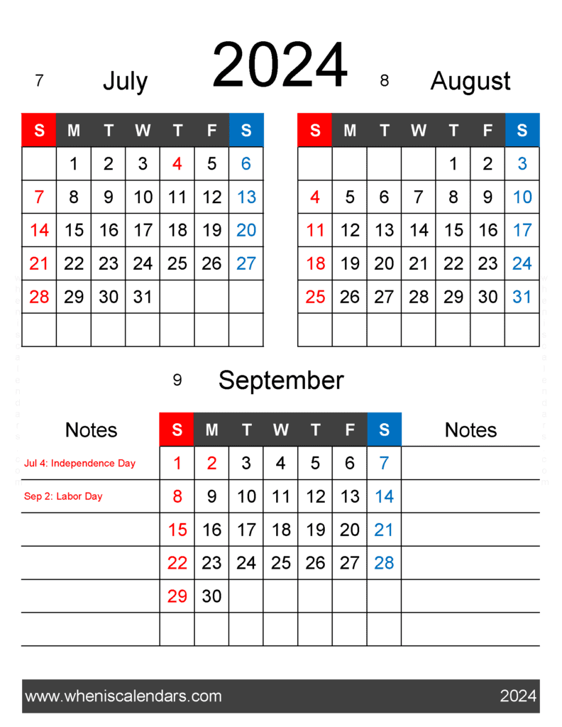Download Free July August September 2024 Calendar JAS440