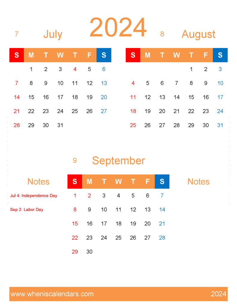 Download Jul Aug September 2024 Calendar JAS447