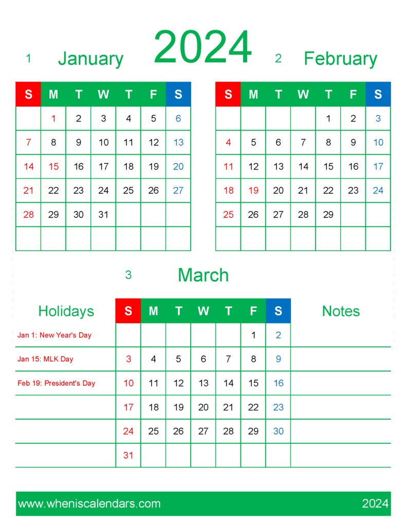 Download 2024 January February March Calendar Free JFM449