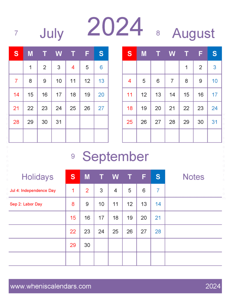 Download Calendar July August September 2024 JAS452