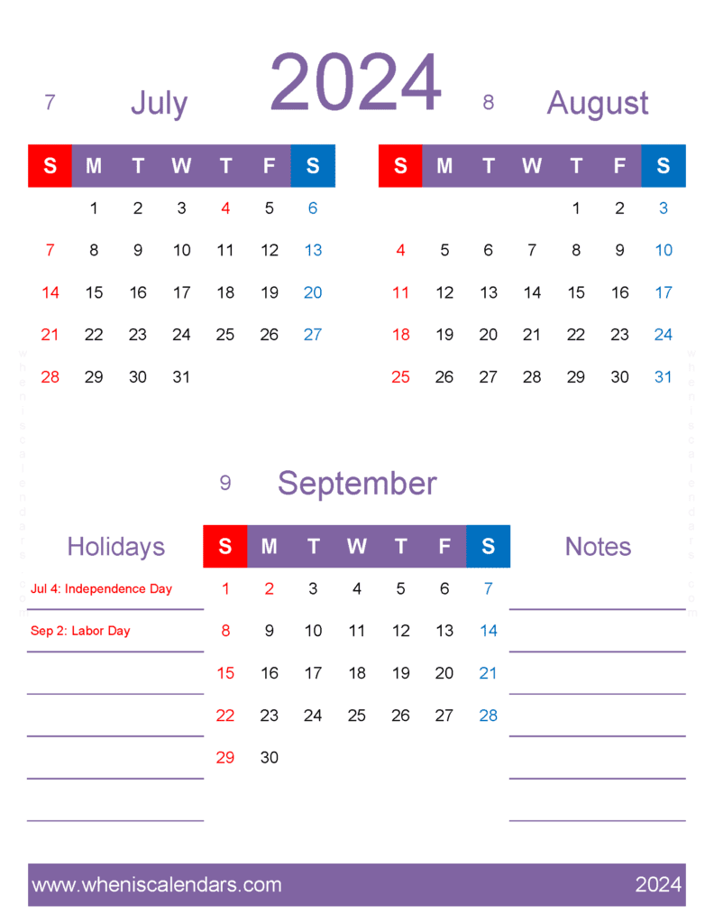 Download Calendar July August September 2024 JAS452