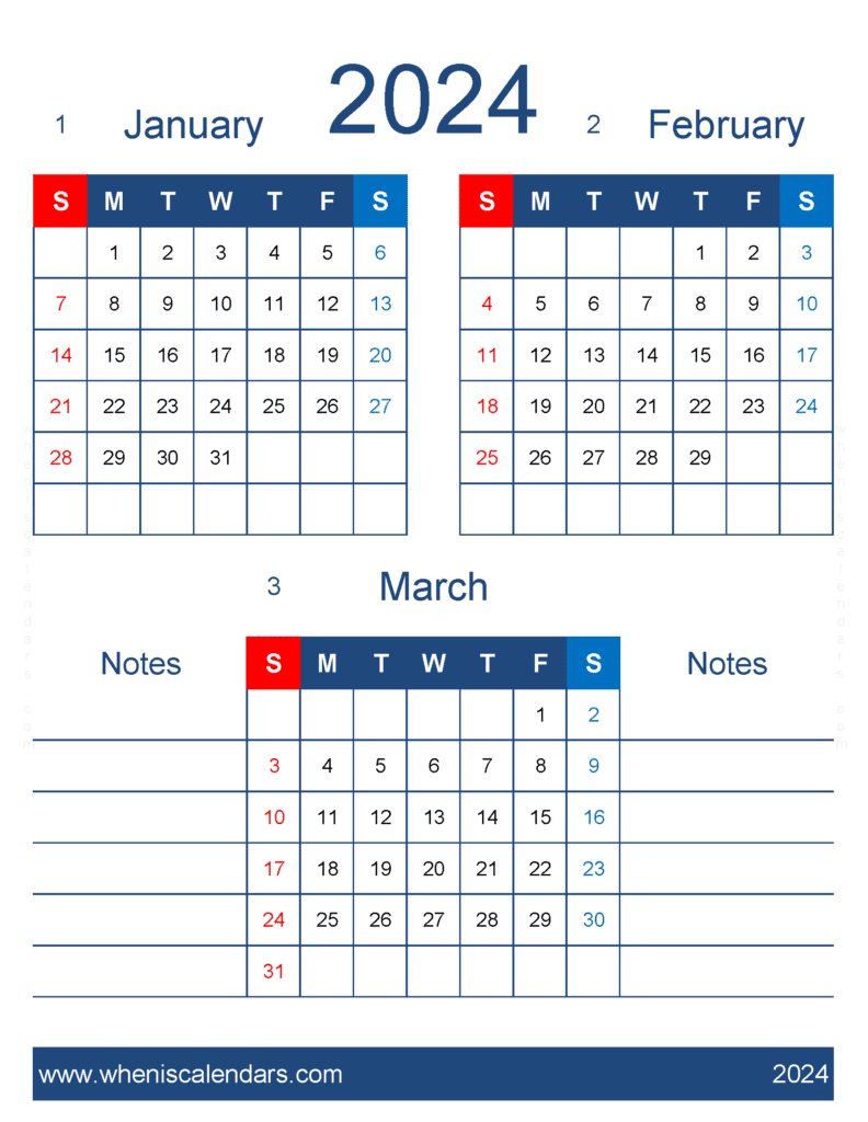 Download January February And March 2024 Calendar Free JFM477