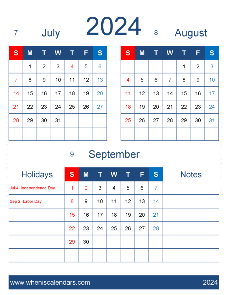 Download Free Printable Calendar July August September 2024 JAS456