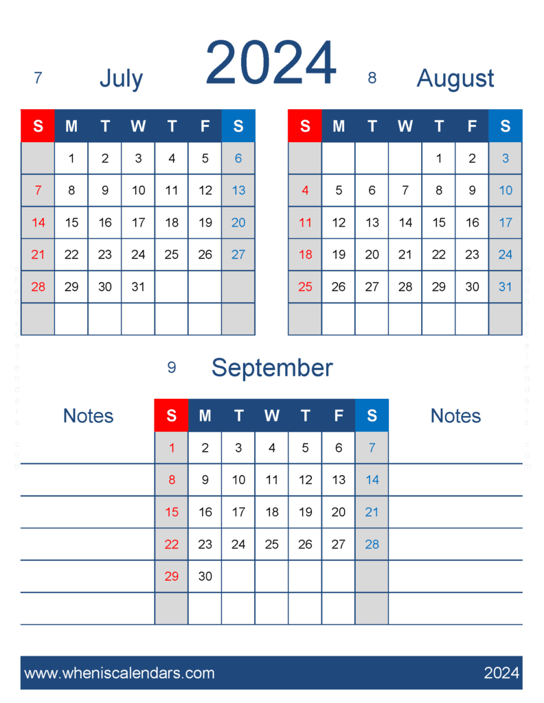 Download Printable Calendar July August September 2024 JAS478