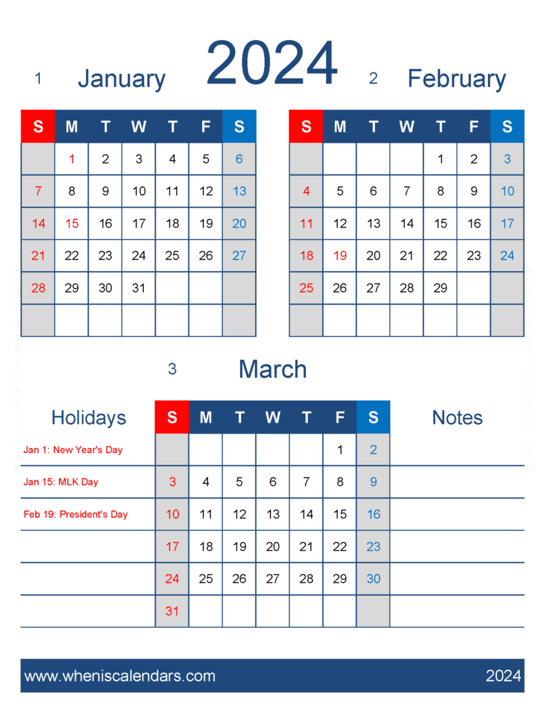 Download Printable Calendar January February March 2024 JFM457
