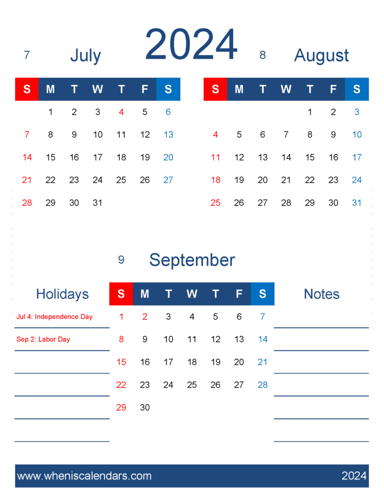 Download Free Printable Calendar July August September 2024 JAS456