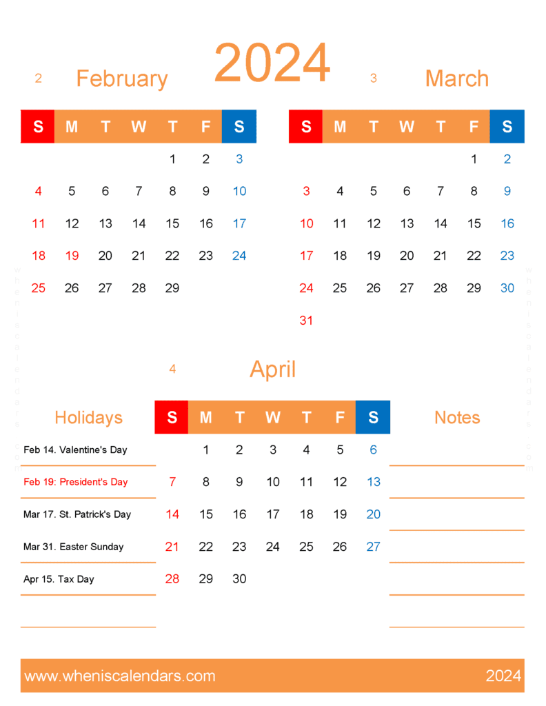 Download Feb Mar April 2024 Calendar FMA447
