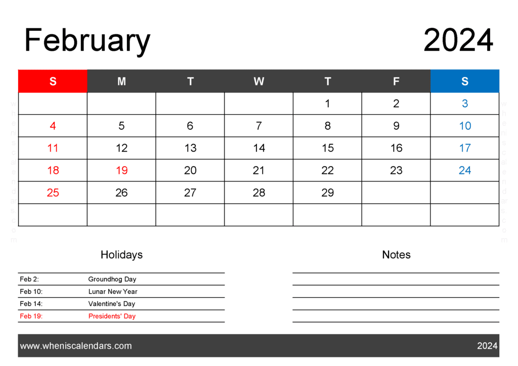 Feb 2024 Holiday Calendar F24121