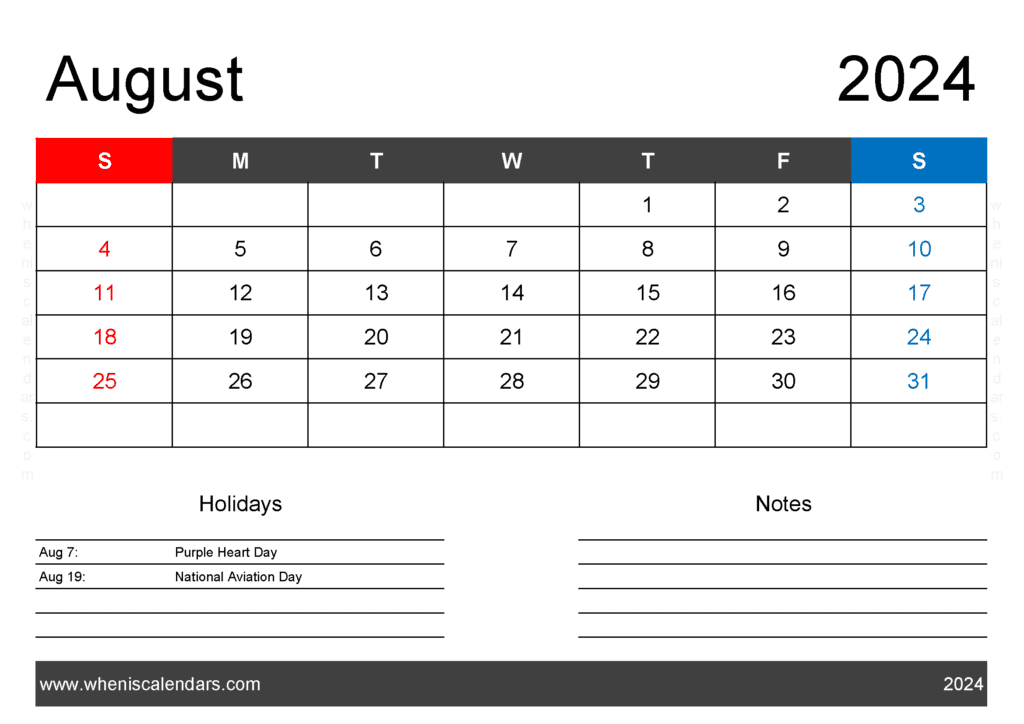 2024 Blank August Calendar A84401