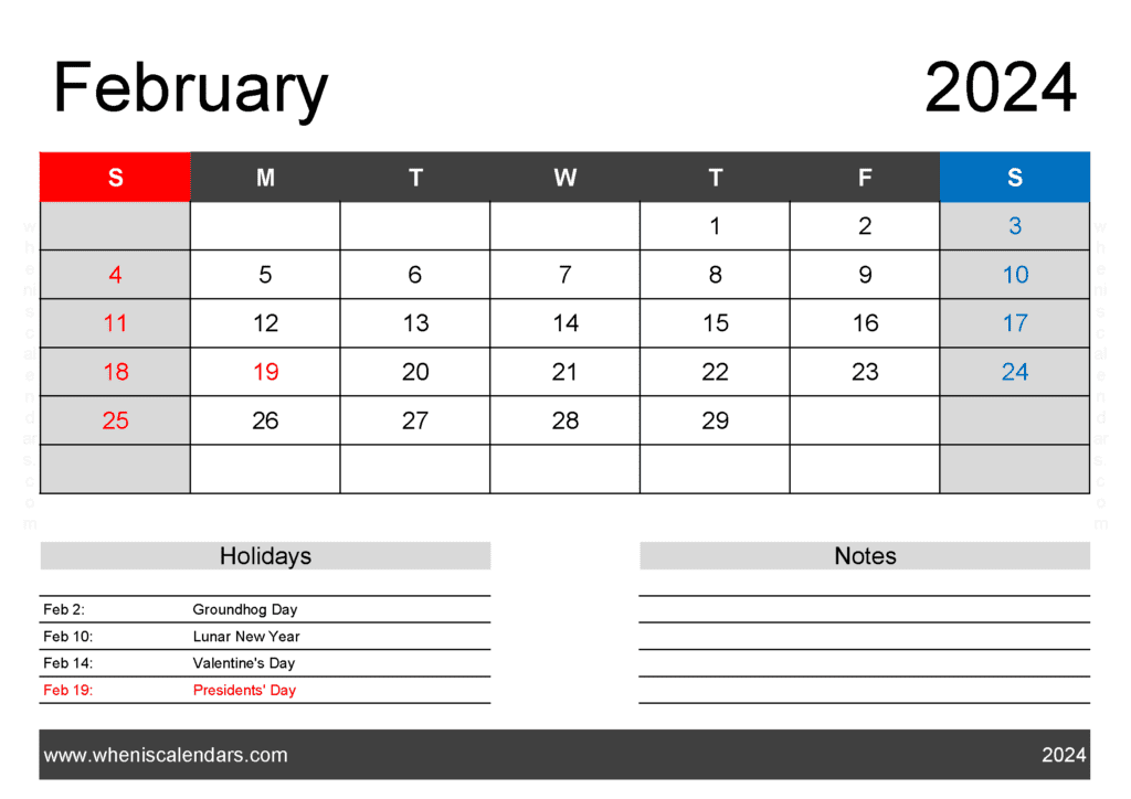 Feb 2024 Holiday Calendar Monthly Calendar