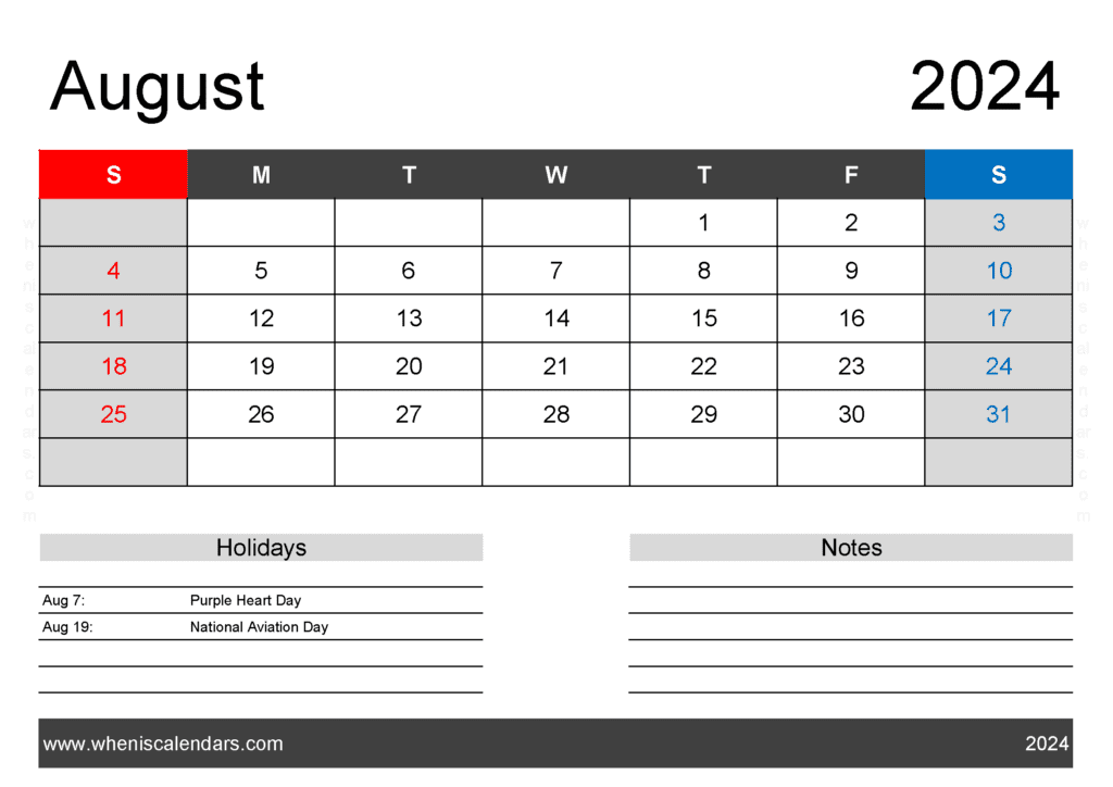 Blank Aug 2024 Calendar Printable A84402