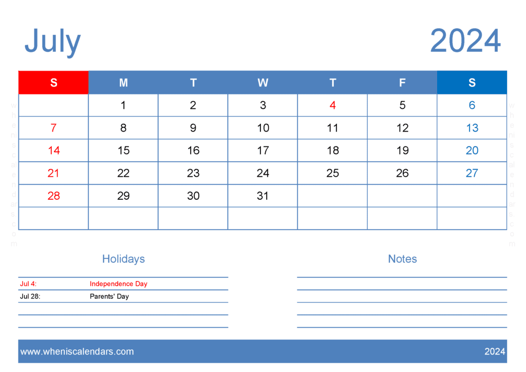 Jul 2024 Printable Calendar Free J74125