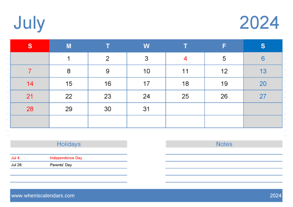 Free July Printable Calendar 2024 J74126