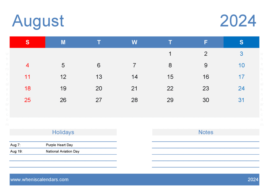 Aug 2024 Free Printable Calendar A84128