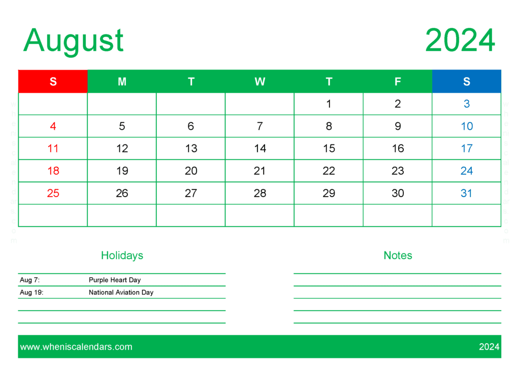 Printable monthly Calendar 2024 August A84129