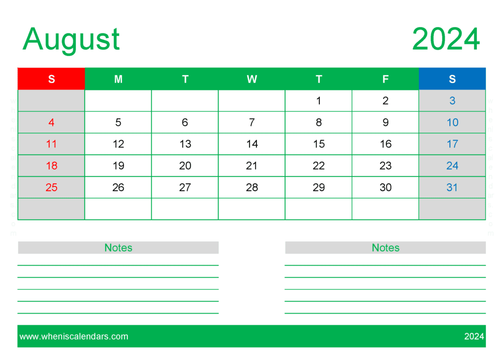 August month 2024 Holidays A84210