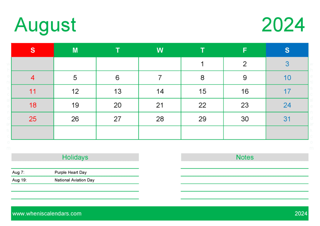 Aug 2024 Calendar Free Printable A84130