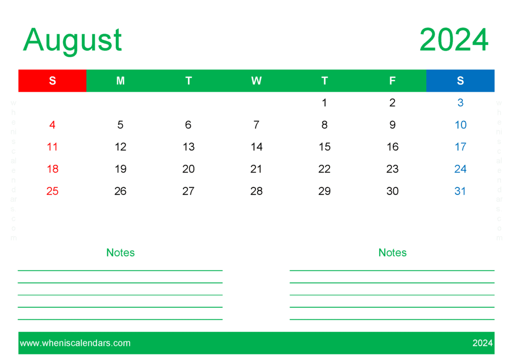 print August Calendar 2024 A84211