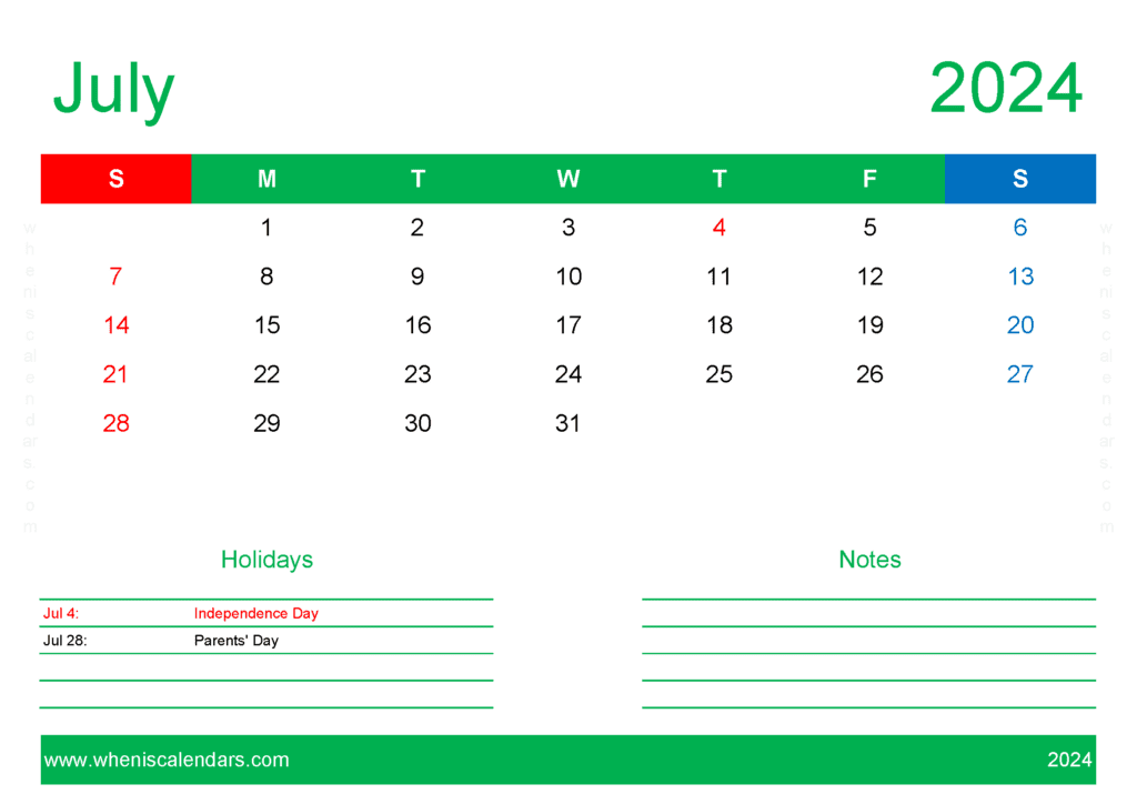 month of July Calendar Printable 2024 J74411