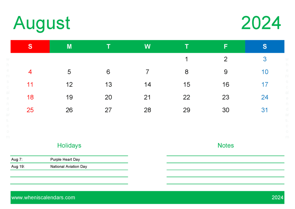 August Calendar Free Printable 2024 A84131