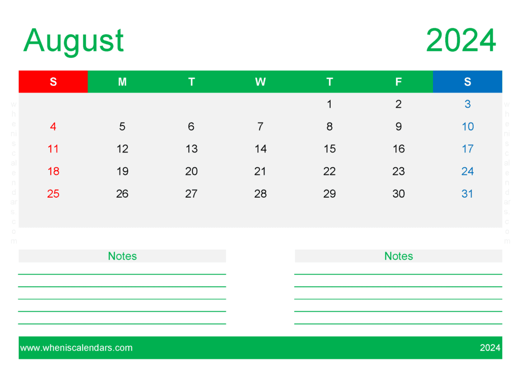 editable Calendar Template August 2024 A84212