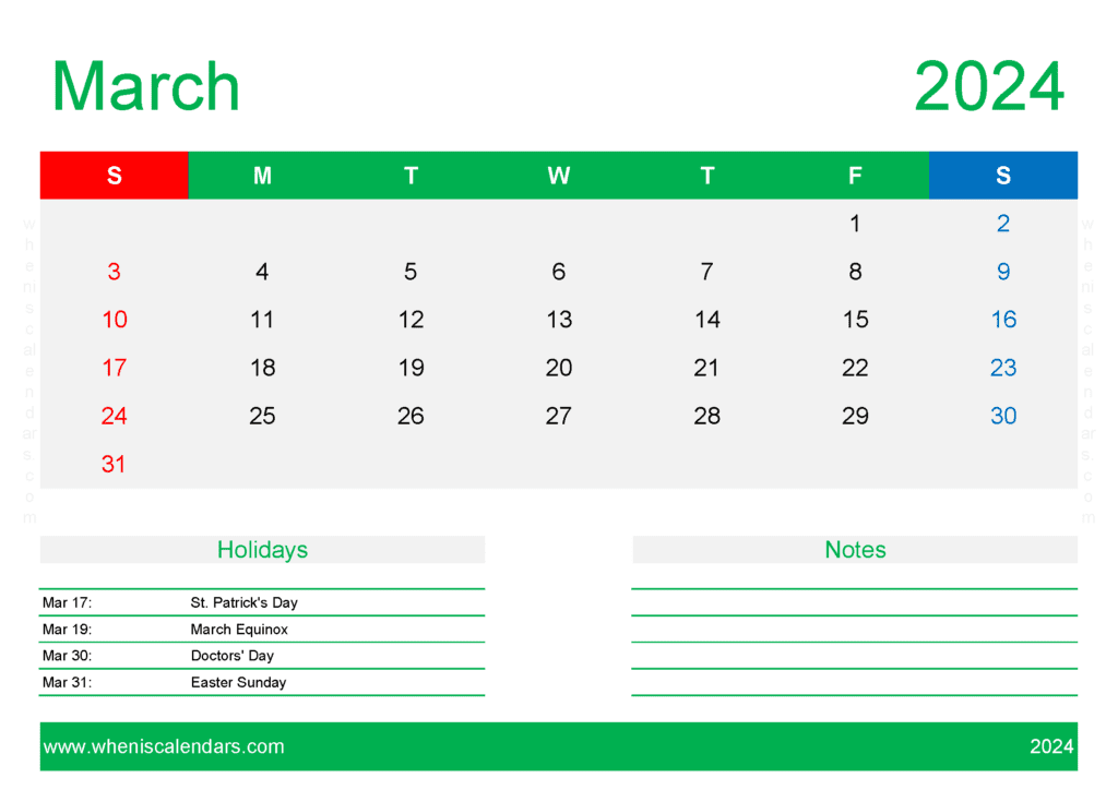 Blank March Calendar Template 2024 M34412