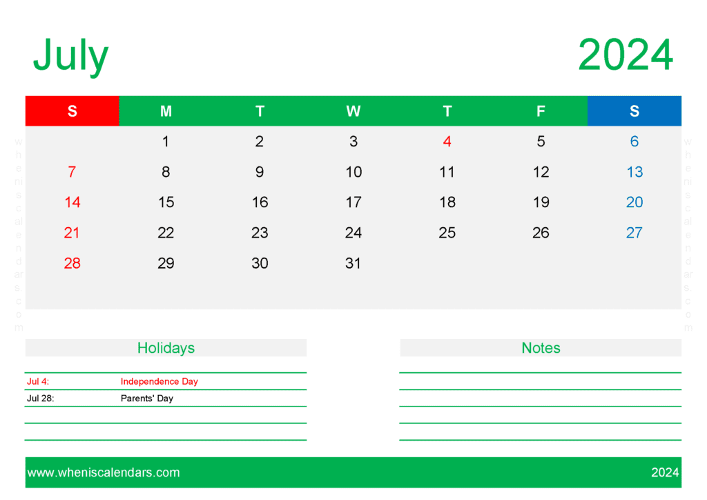 Blank July Calendar Template 2024 J74412
