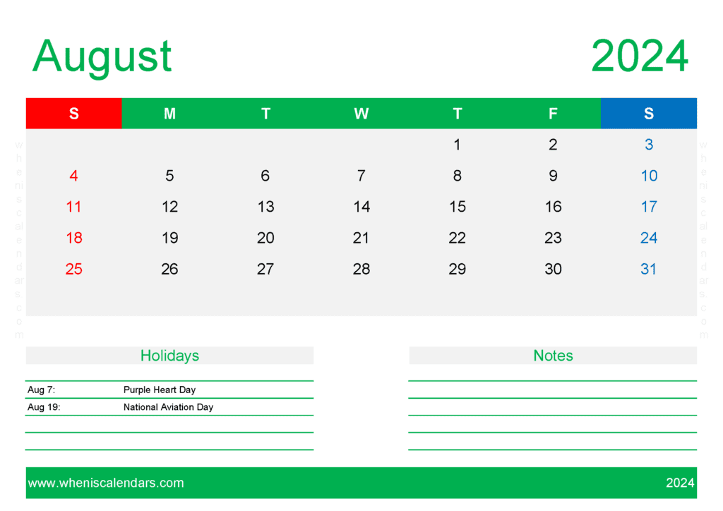 Blank August 2024 Monthly Calendar