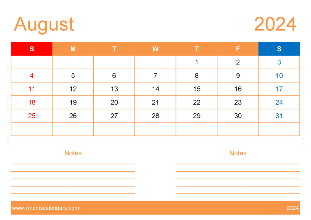 Free Printable Calendar com August 2024 A84213