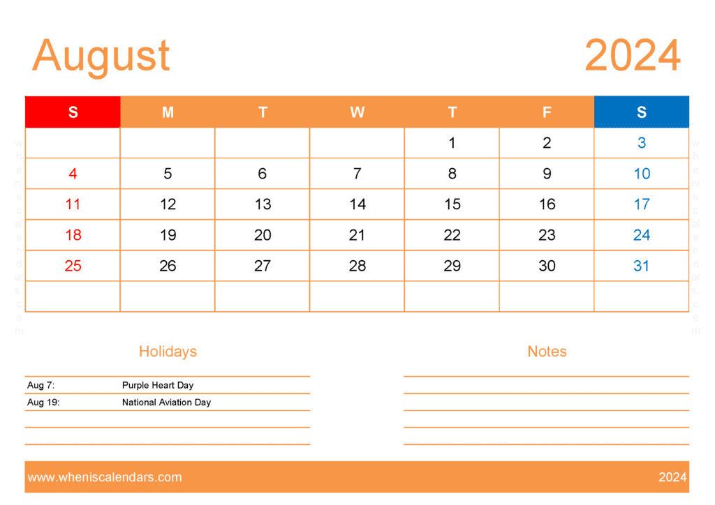 Calendar to print August 2024 A84133