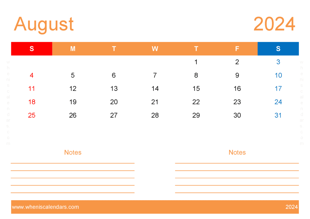 Download free August Calendar 2024 with Holidays printable A4 in Horizontal Landscape