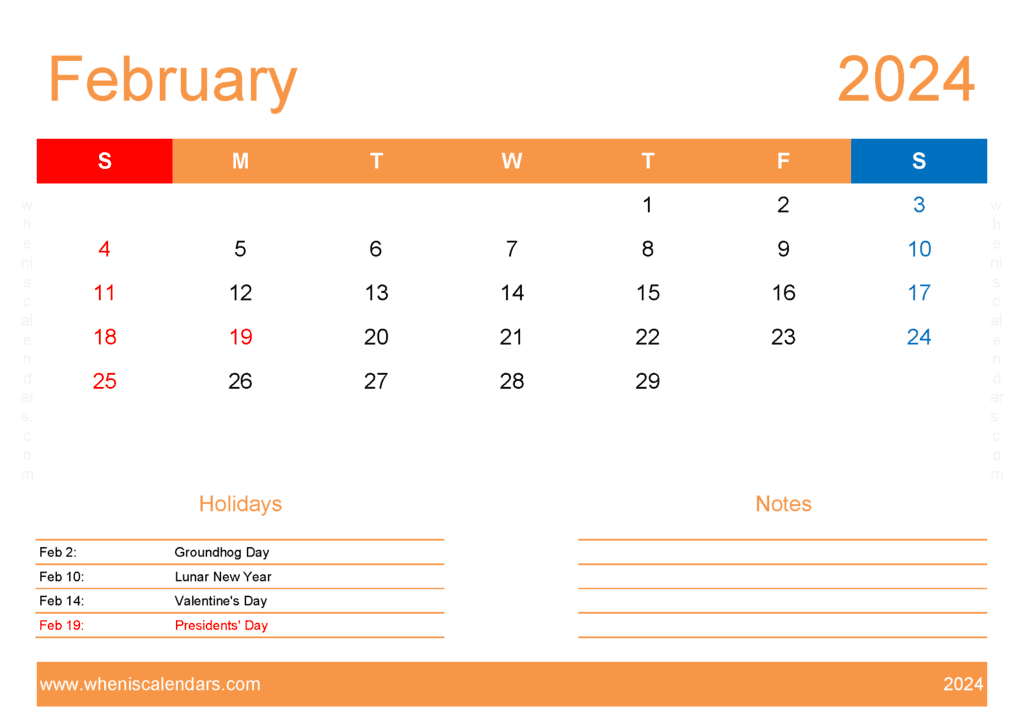 February 2024 Printable Calendar Vertical Monthly Calendar