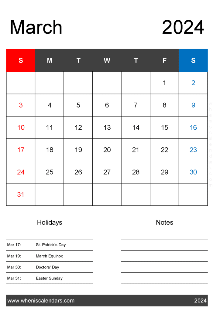 Cute March Calendar 2024 Printable M34421