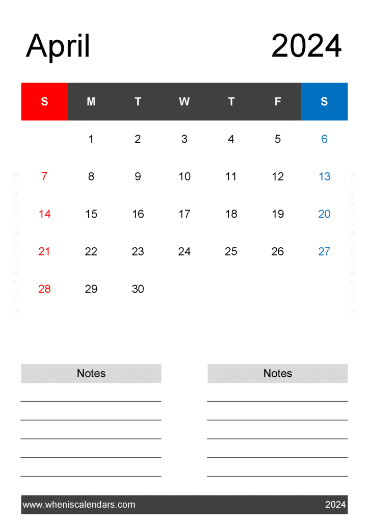 Printable Month Calendar April 2024 A44223