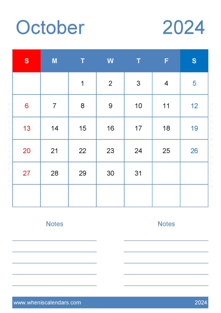 Oct 2024 Printable Monthly Calendar