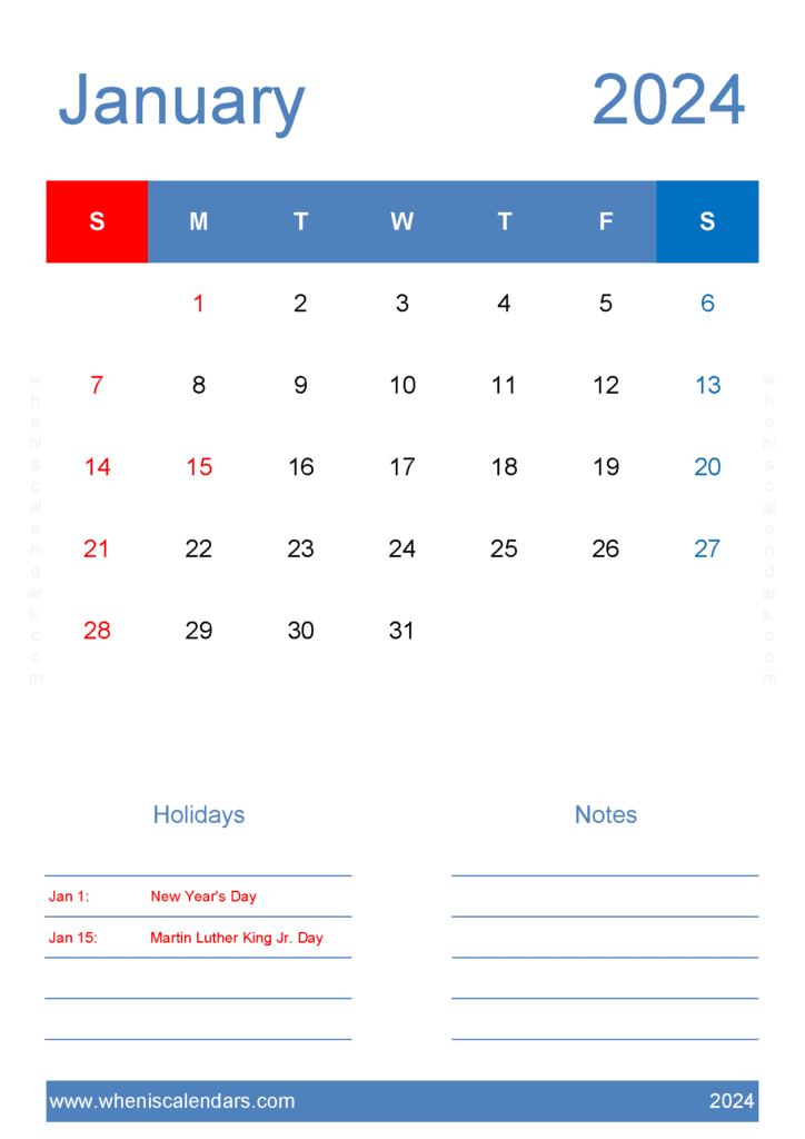 January Calendar 2024 Free Monthly Calendar