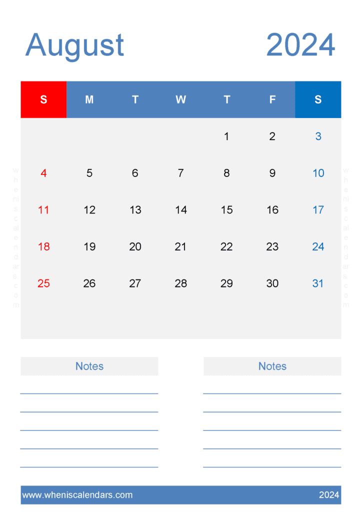 Free August Calendar Template 2024 Monthly Calendar