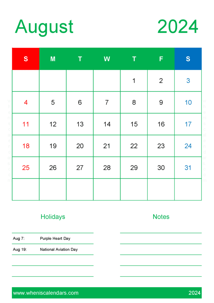 Printable monthly Calendar Aug 2024 A84149