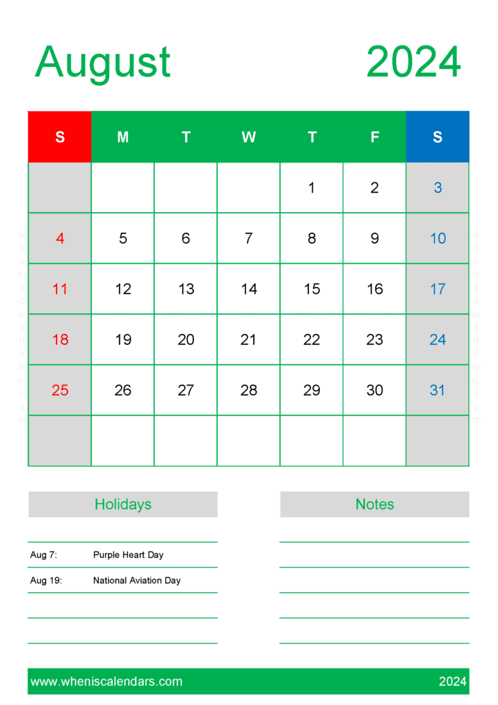 Free Calendar Template August 2024 A84150