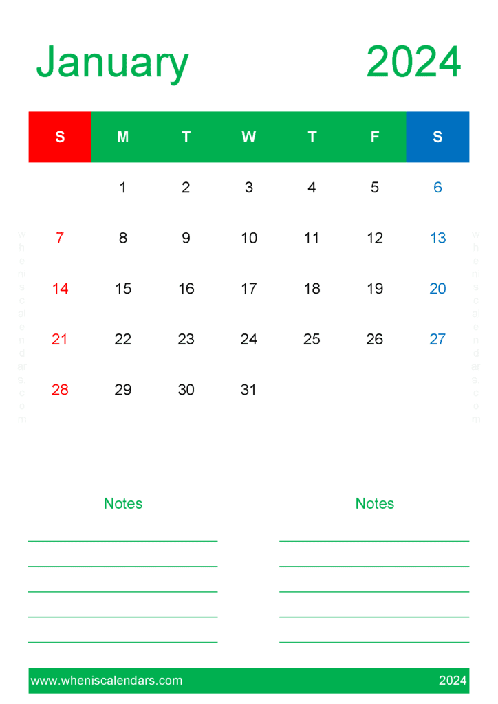 2024 January Free Printable Calendar Monthly Calendar