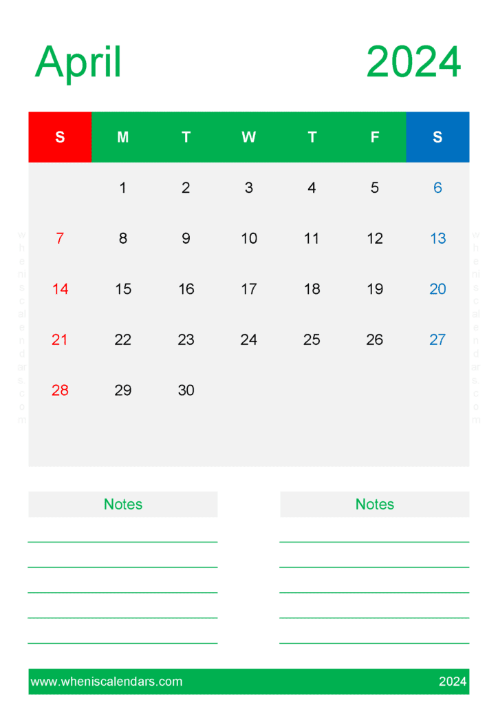 Calendar Blank April 2024 A44232
