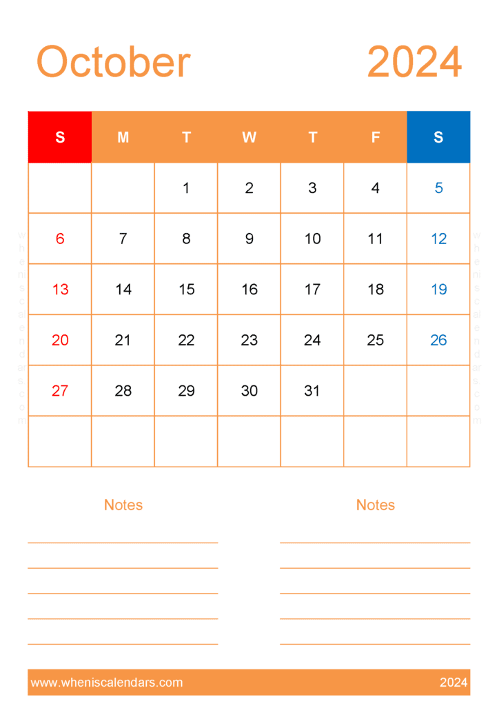 2024 October Calendar Excel Monthly Calendar