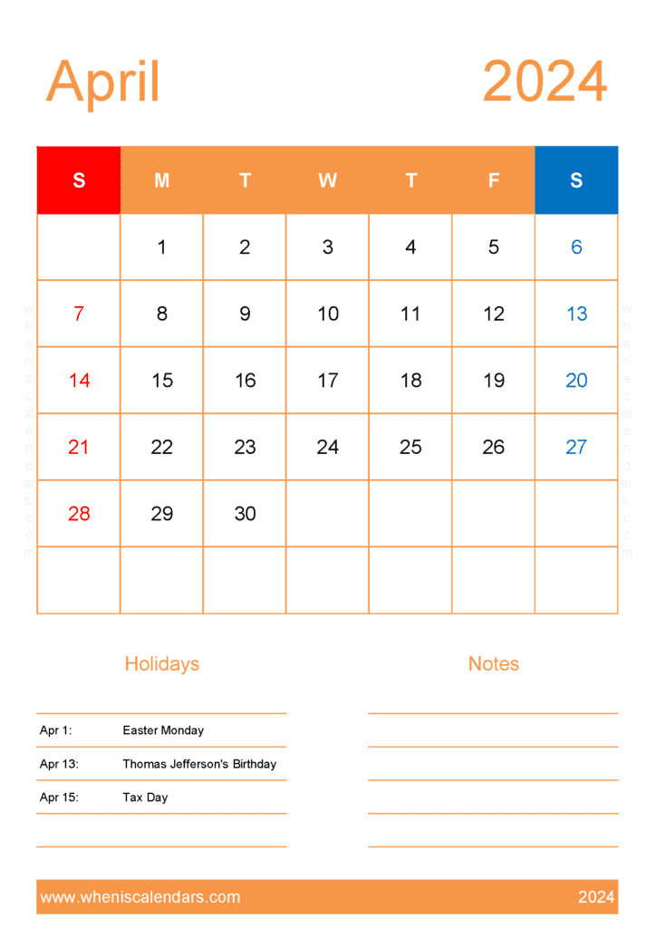 Download April Calendar 2024 Excel A4 Vertical A44152