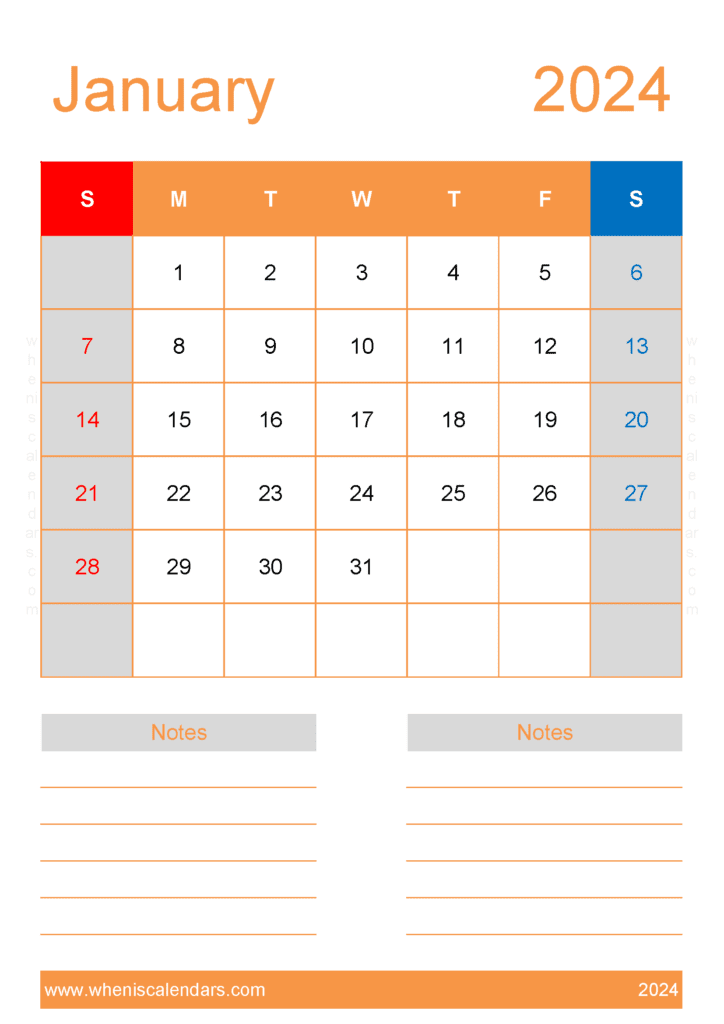 2024 January Calendar Excel Monthly Calendar