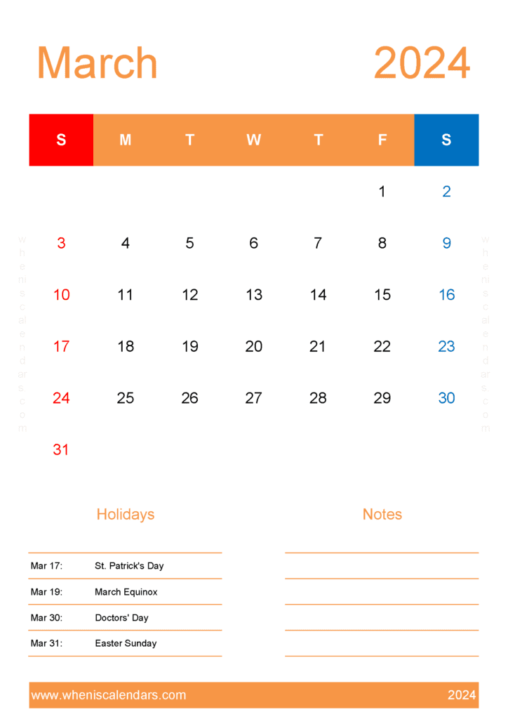 March 2024 Calendar Template word Monthly Calendar