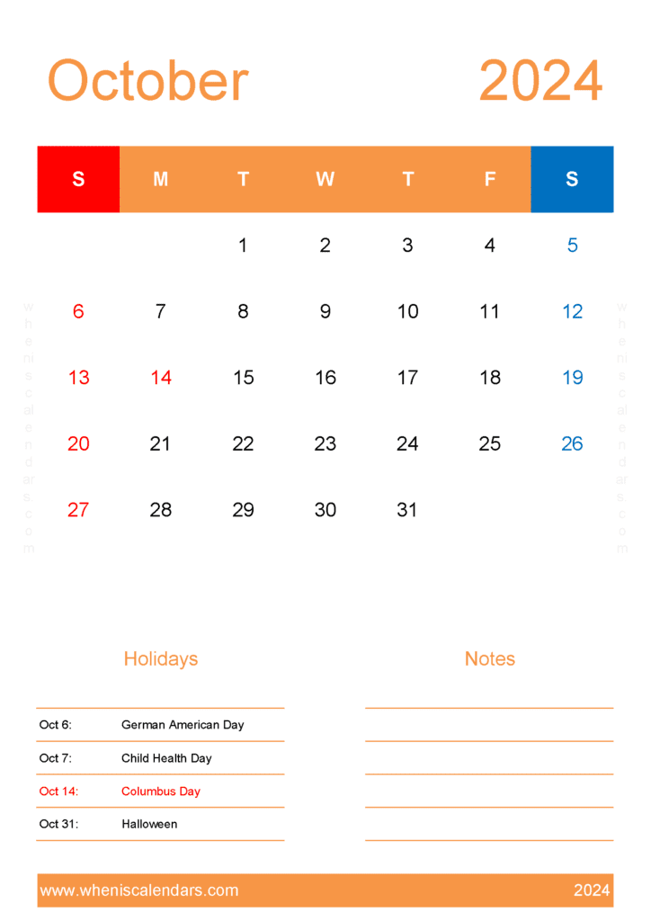 October Calendar 2025 Excel Monthly Calendar