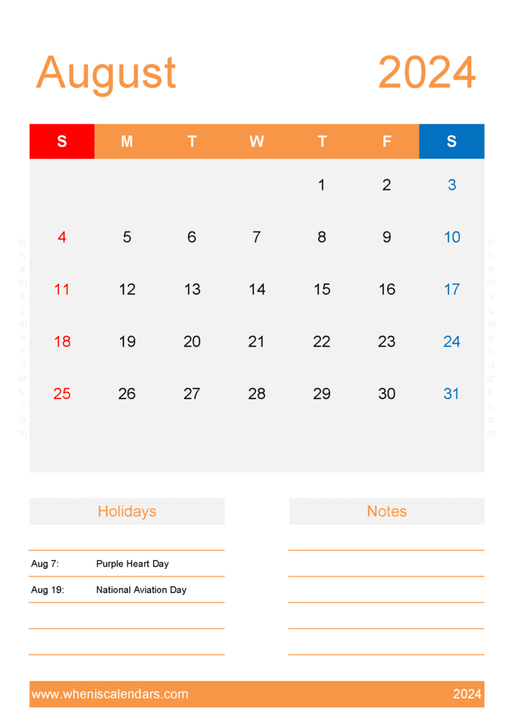 August 2024 Blank Calendar Printable A84156