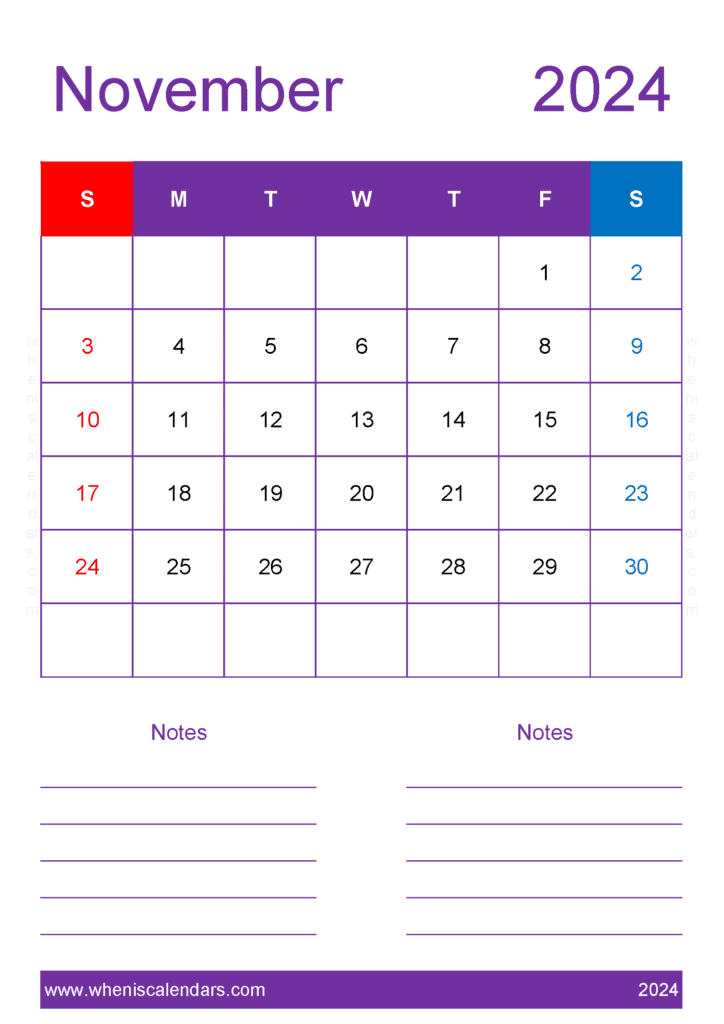 November 2024 Calendar with bank Holidays Monthly Calendar