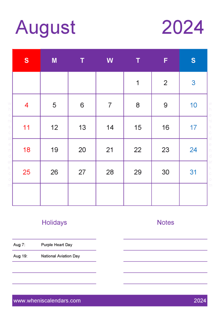 Free Calendar for August 2024 A84157