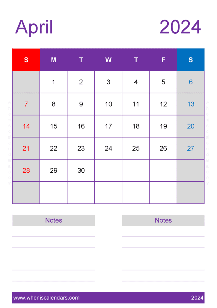 Download April 2024 Calendar Large Print A4 Vertical A44238